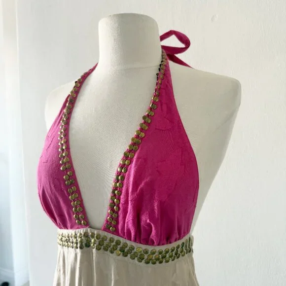 NEW ViX by Paula Hermanny Beige & Pink Halter Long Maxi Dress Size Small (S) - Picture 5 of 10